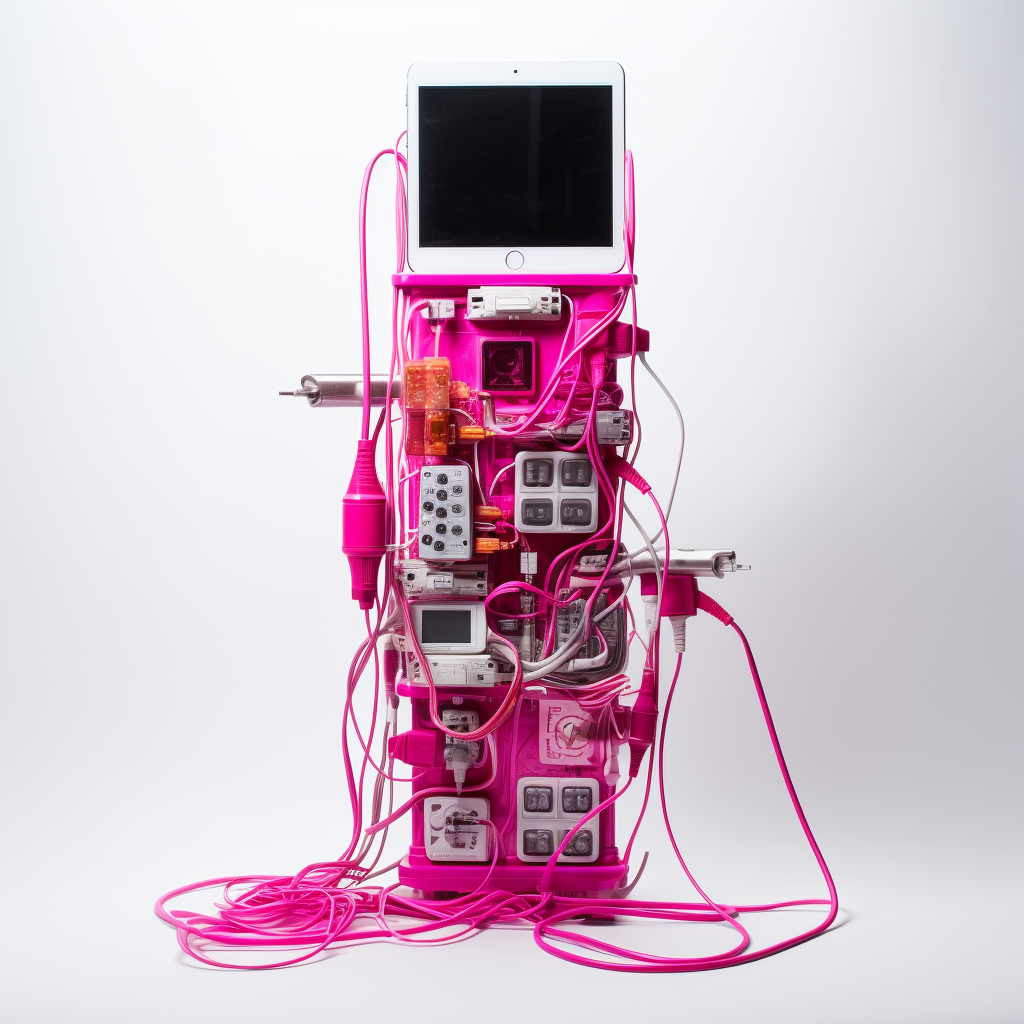 iPhone connected to switchboard with magenta wires