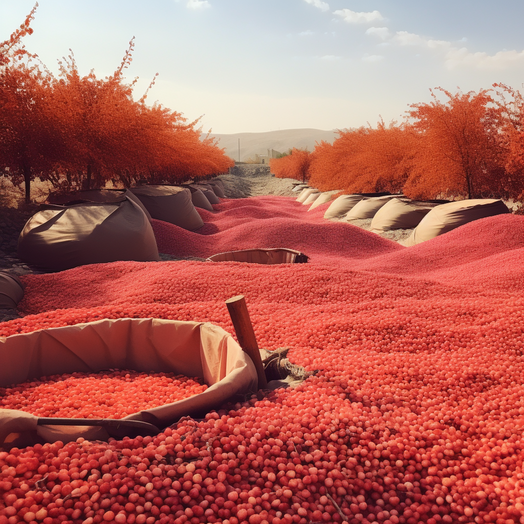 Iranian pistachio farm with red, orange, green elements