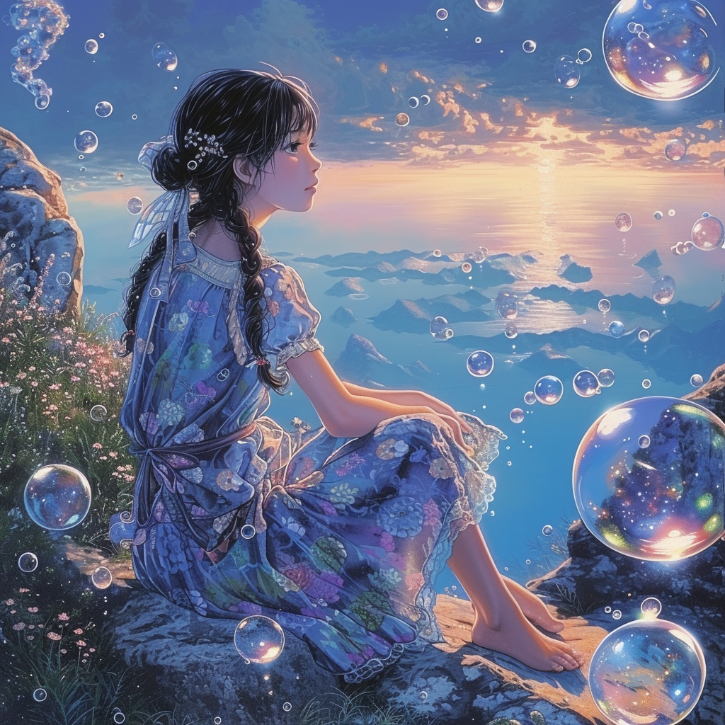 Bubbles drifting towards serene girl