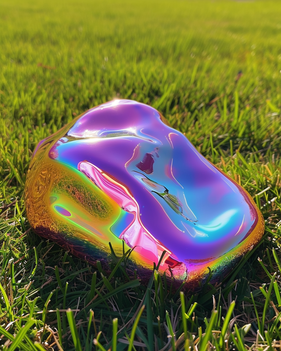 Iridescent metal blob on grass