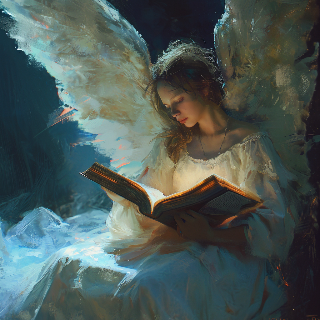 Iridescent angel writing in glowing book