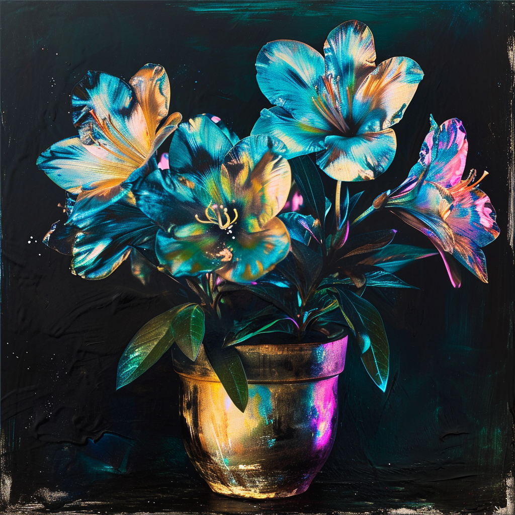 Iridescent flowers in a pot