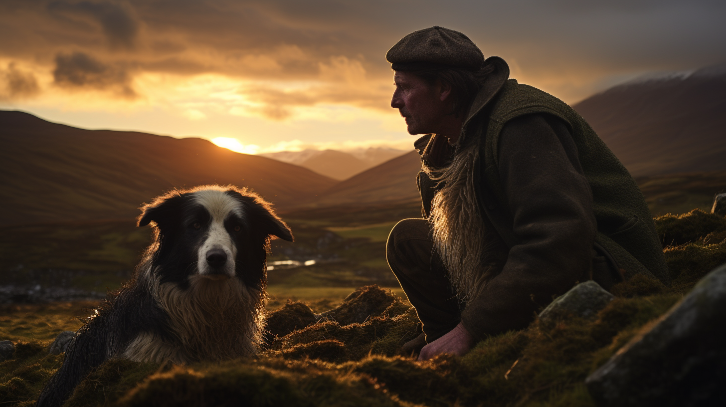 Irish farmer with collie dog and sheep