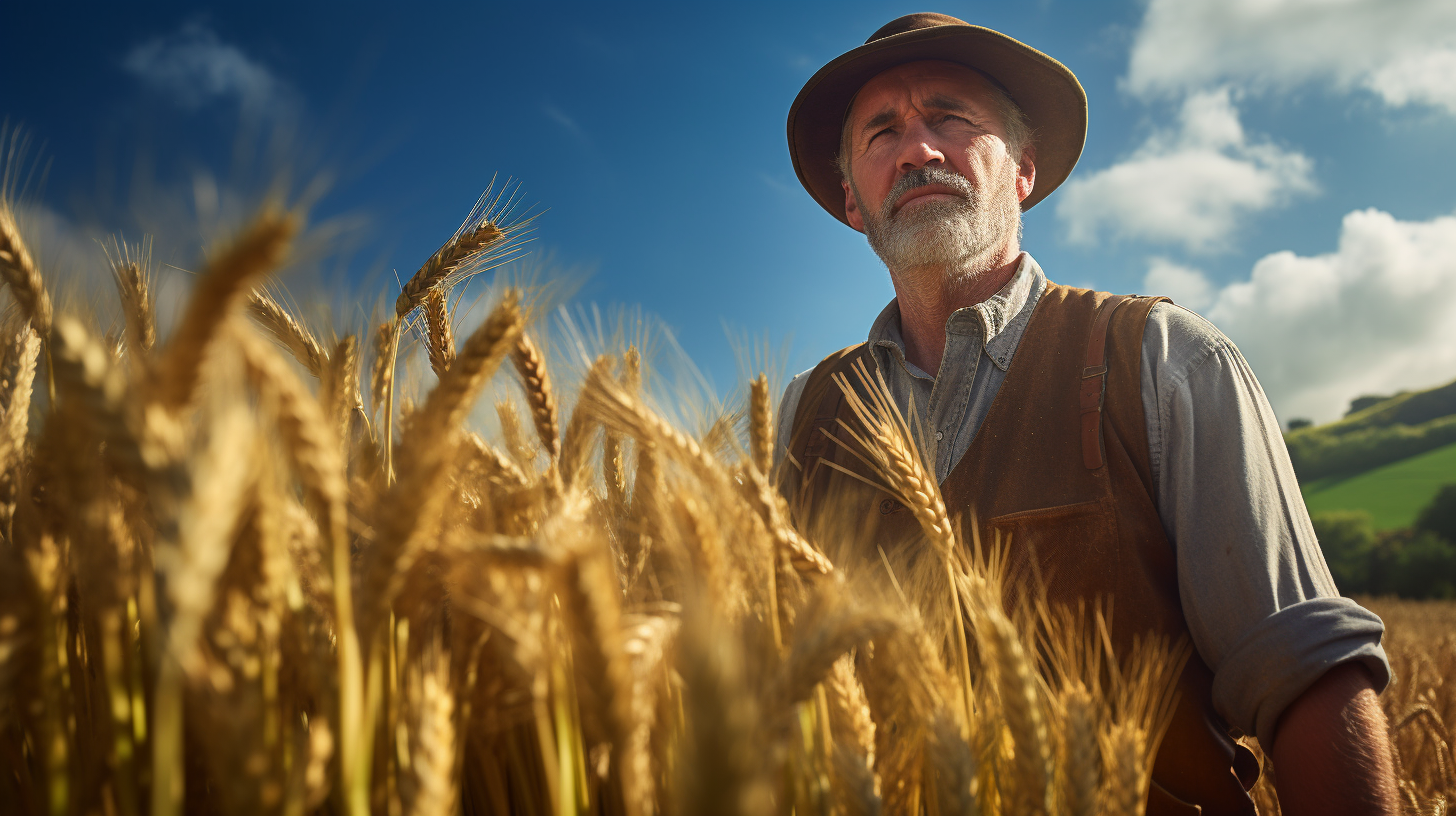 Irish farmer tending to barley field