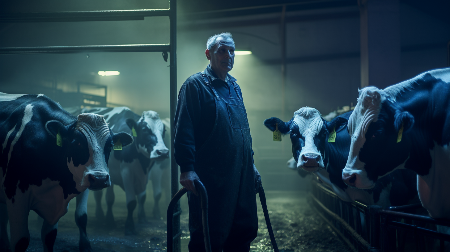 Irish farmer milking Friesian cows in parlour