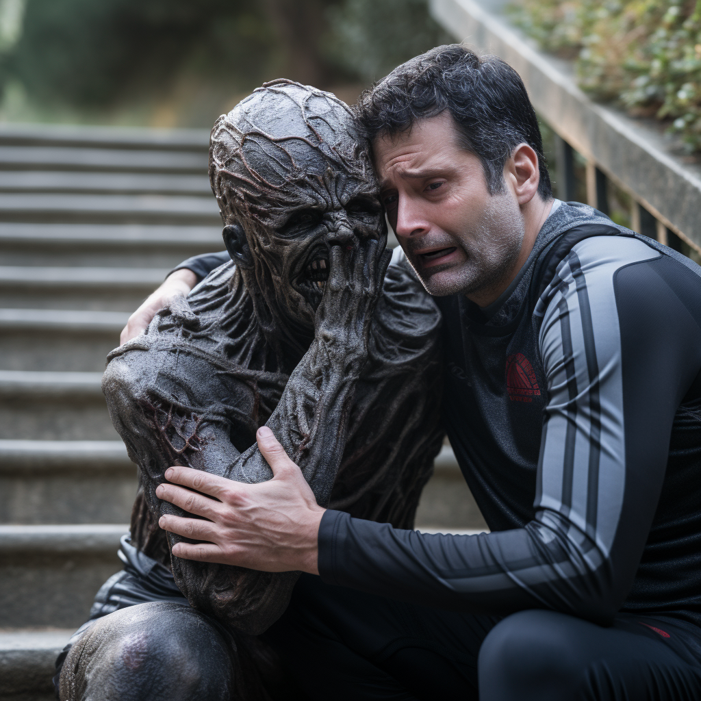 Middle-Aged Irish Man Hugging Crying Alien