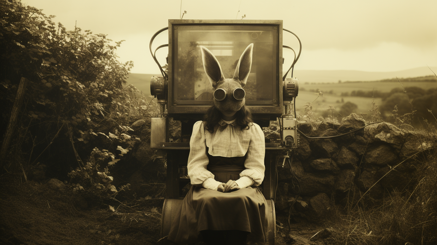 Beautiful Irish woman wearing bunny ears finds time machine