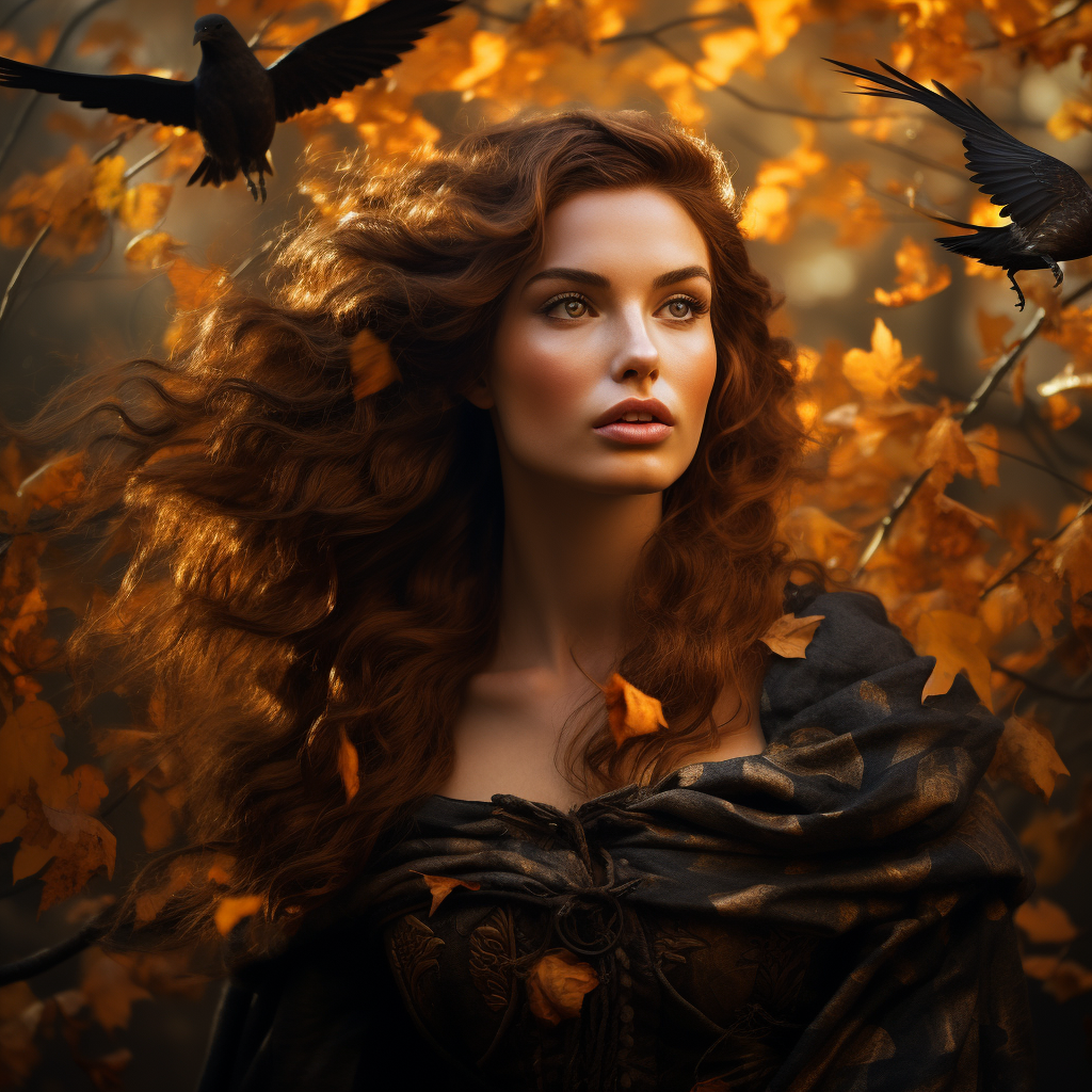 Young Irish goddess with ravens in autumn