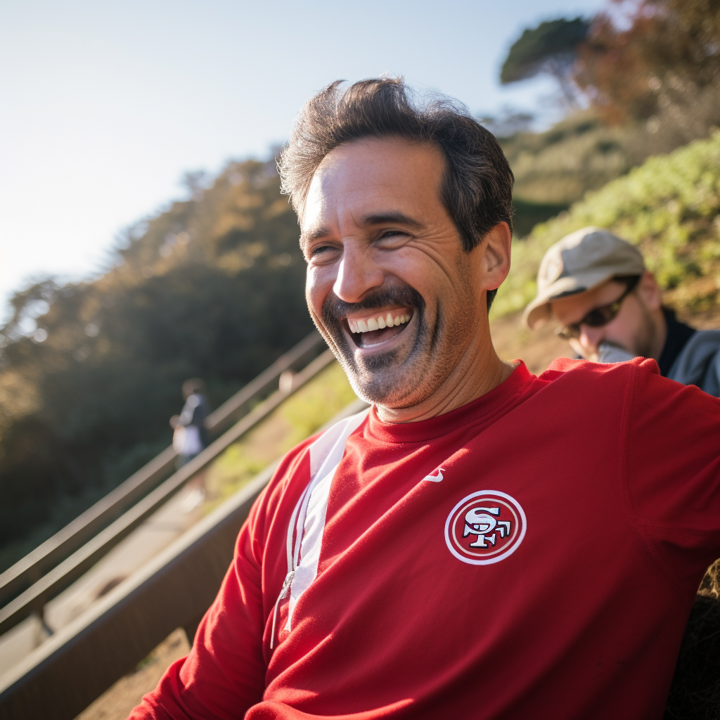 Middle-aged man shampooing his hair in Presidio Park stairs SF