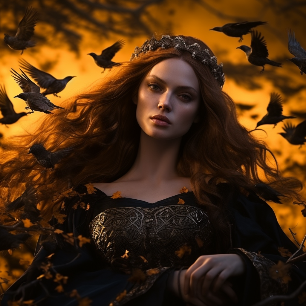 Young Irish goddess with ravens in autumn realm