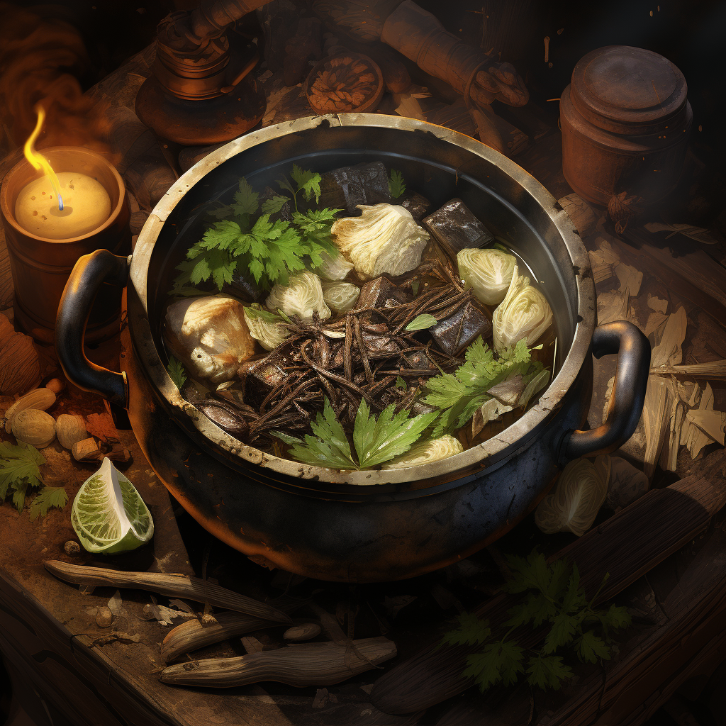 Savory Iron Medieval Cauldron Stew with Cabbage and Parsnips