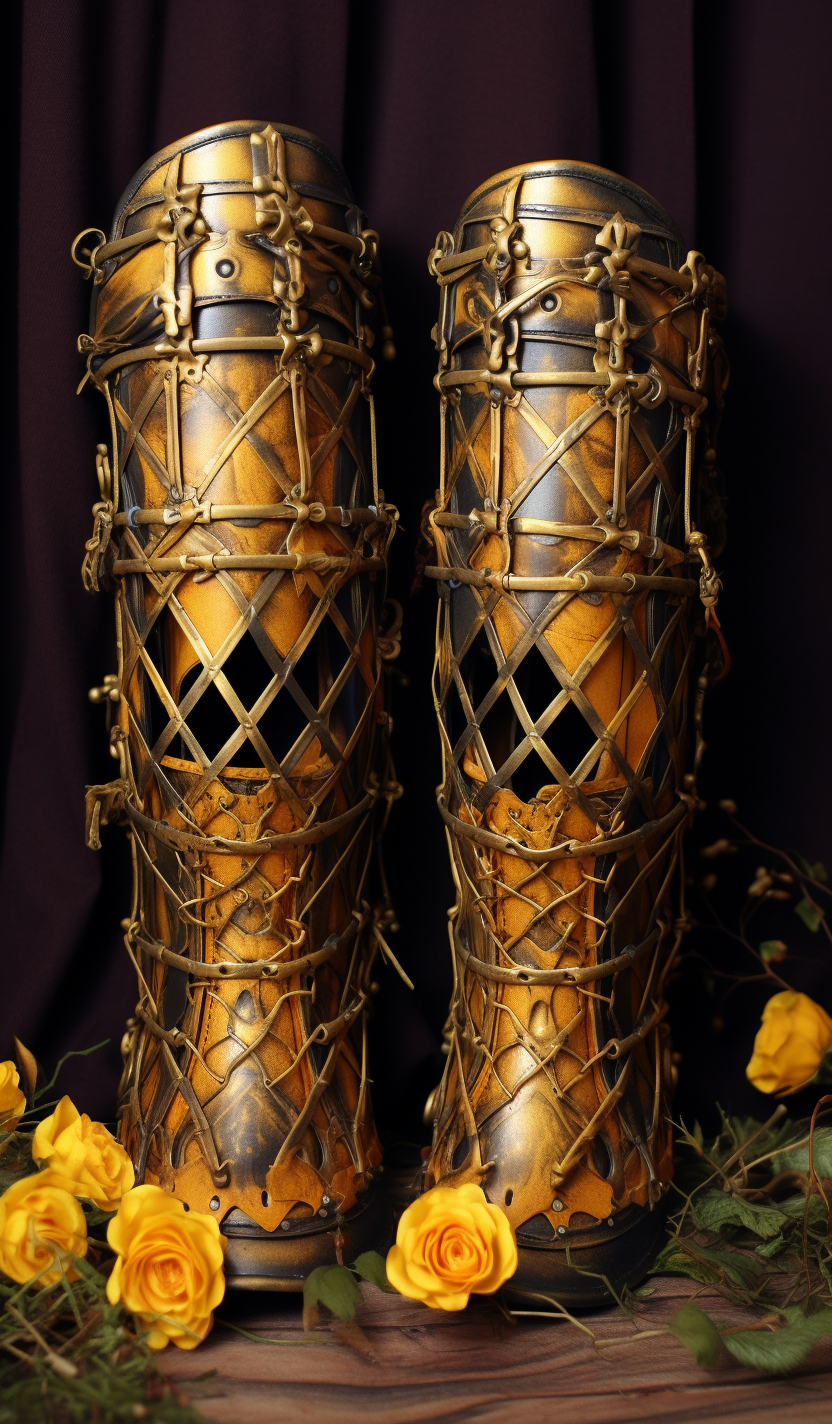 Pair of Iron Shin Guards and Golden Cage