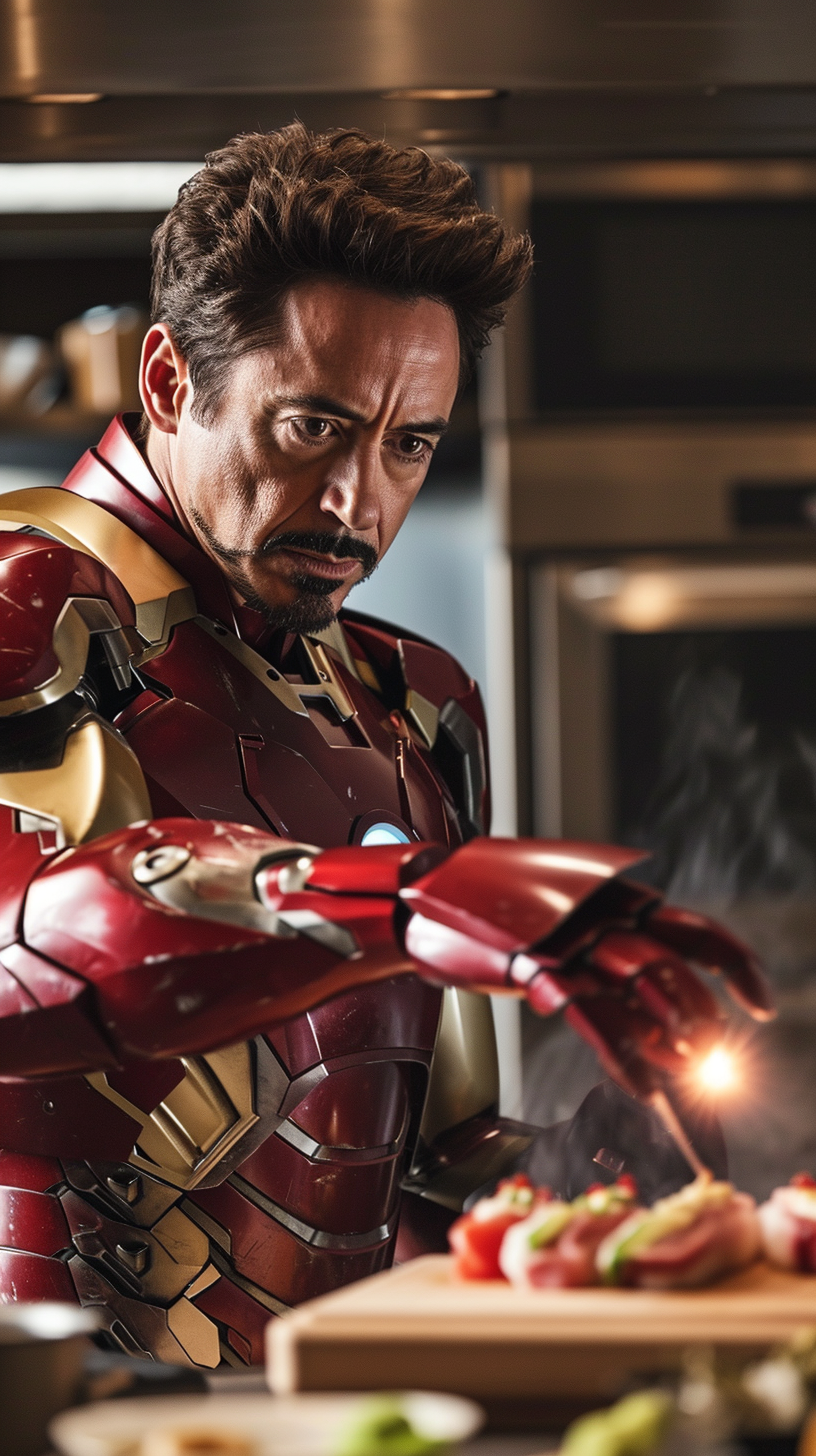 Iron Man slicing fresh fish for sushi