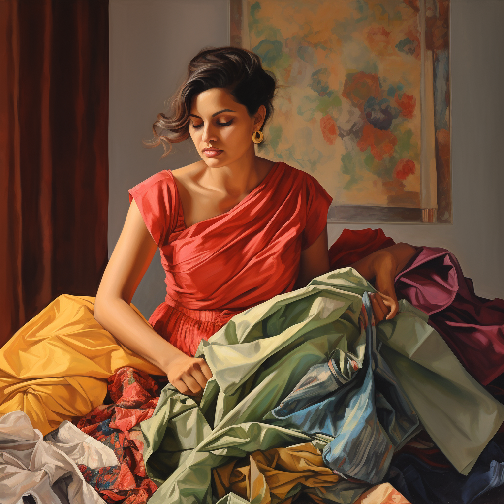 Indian housewife stacking colorful clothes