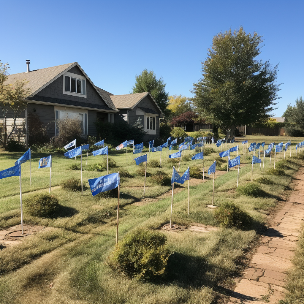 Irrigation flags marking sprinkler heads in a yard