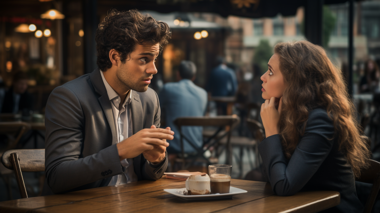 Irritated businessman explaining to confused girlfriend