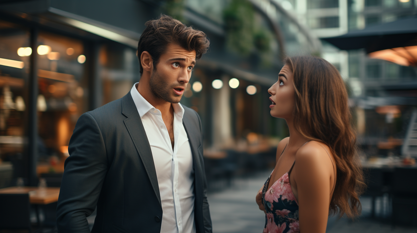 Young businessman arguing with girlfriend in confusion