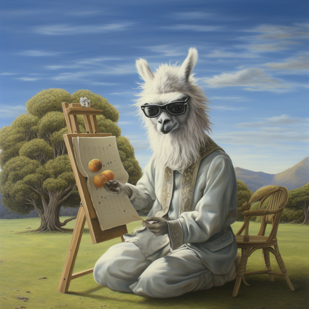 Llama Isaac Newton pondering under apple tree