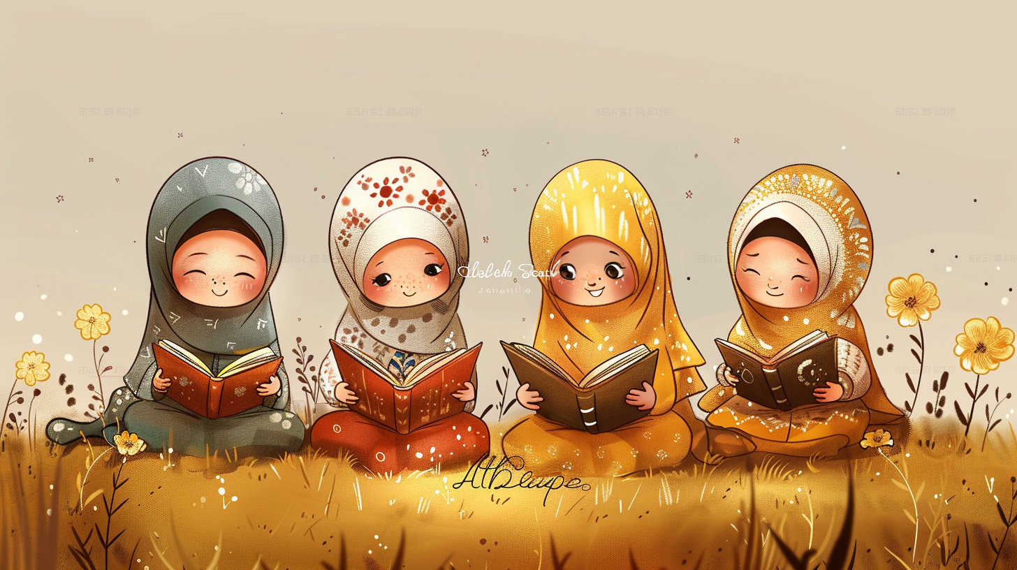 Islamic kids with book cartoon