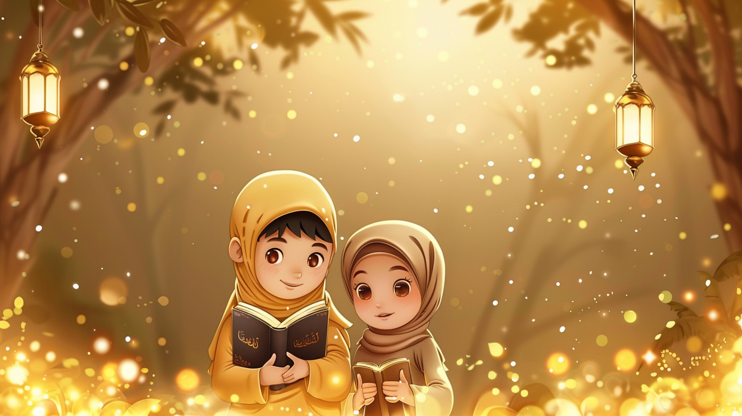 Islamic Kids with Book Cartoon Image