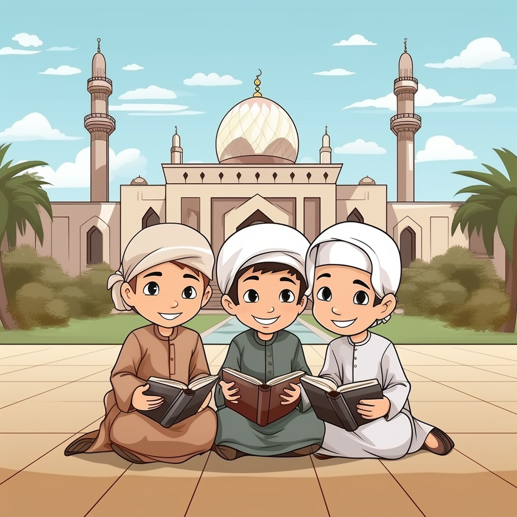 Three Islamic boys reading book outdoors