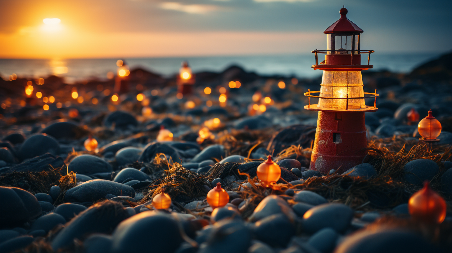 Lighthouse illuminating boats with shimmering lights