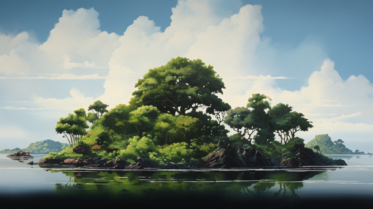 Serene painting of island with trees