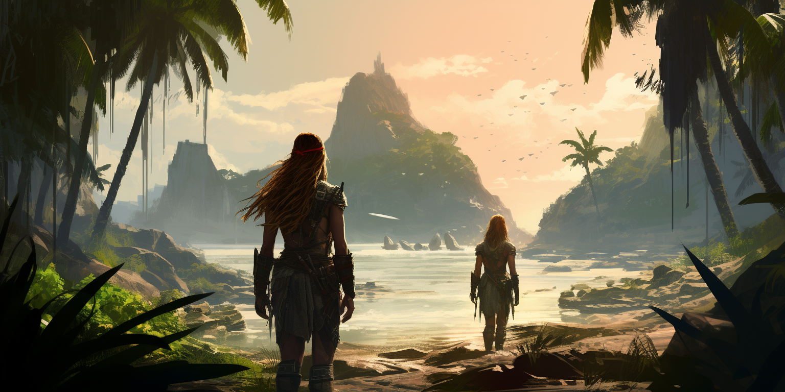 Women warriors exploring a tropical island