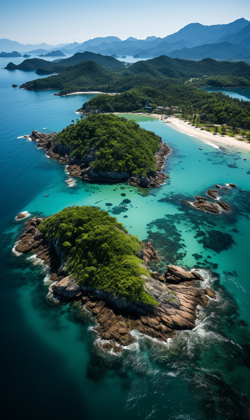 Aerial view of G-shaped island with various amenities