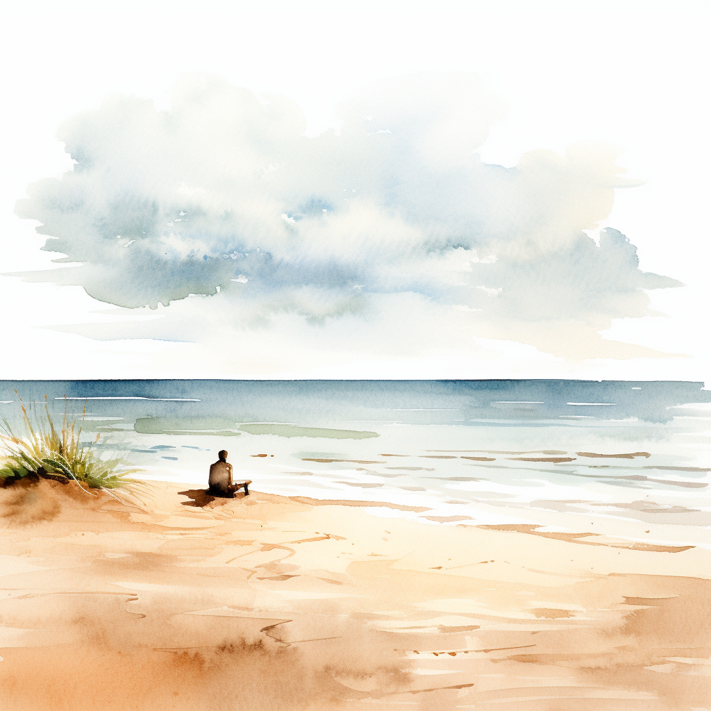 Watercolor illustration of lonely beach figure