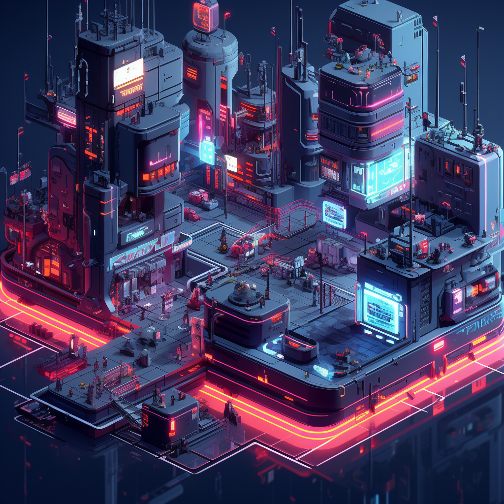 Aerial view of a futuristic cyberpunk city