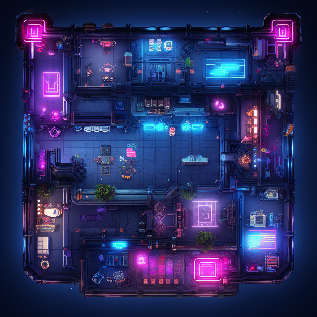 Isometric cyberpunk dystopian game map with neon lights