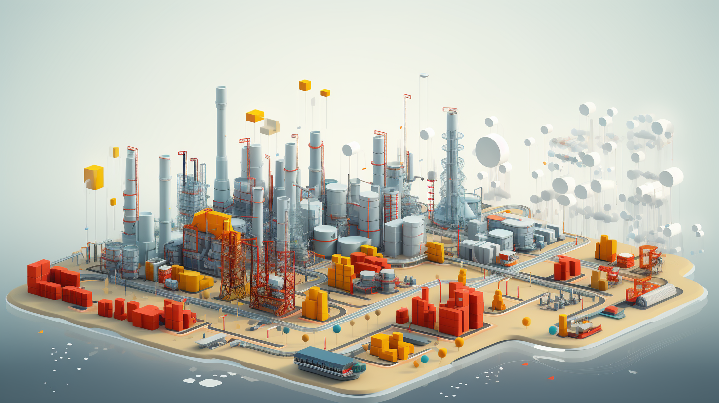 Isometric data visualization of chemical plant and metropolis