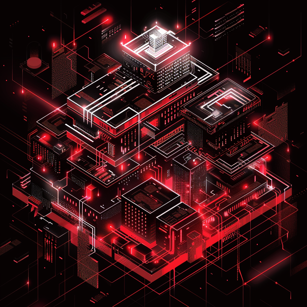 Isometric building schematic dark red white