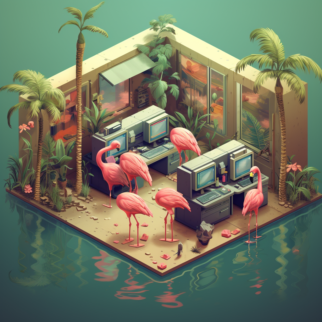 Isometric Flamingos in Office with Palm Trees and Computers