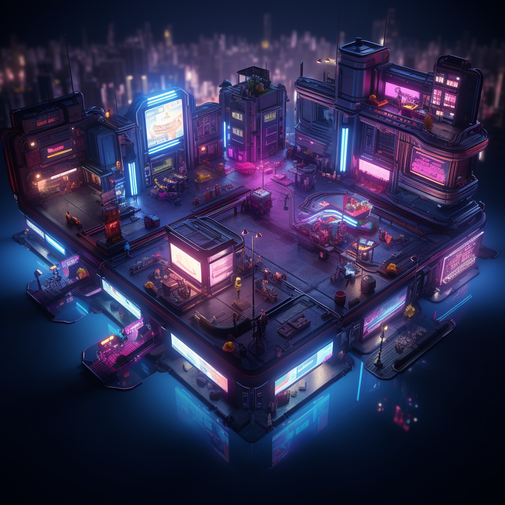 Isometric Cyberpunk Game Map with Neon Lights