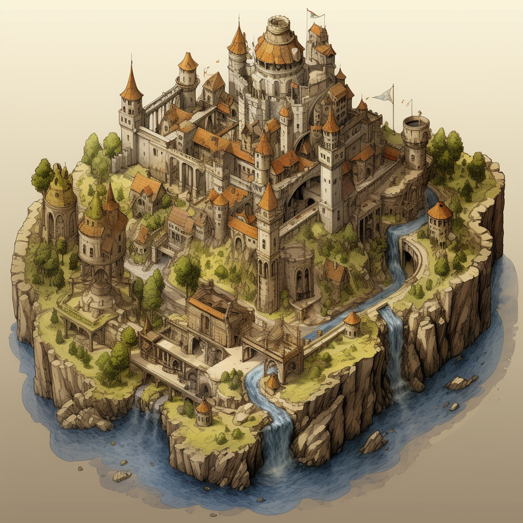 Detailed isometric view of a medieval castle