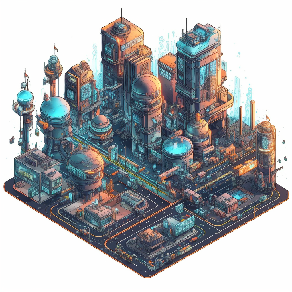 Isometric view of a cyberpunk world