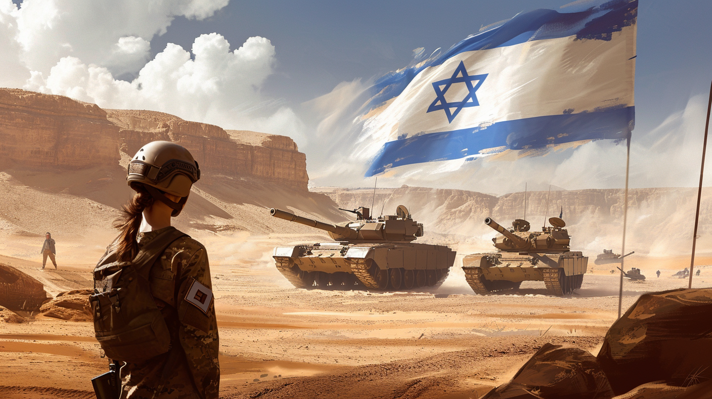 Israeli female soldier with Merkava tanks in desert