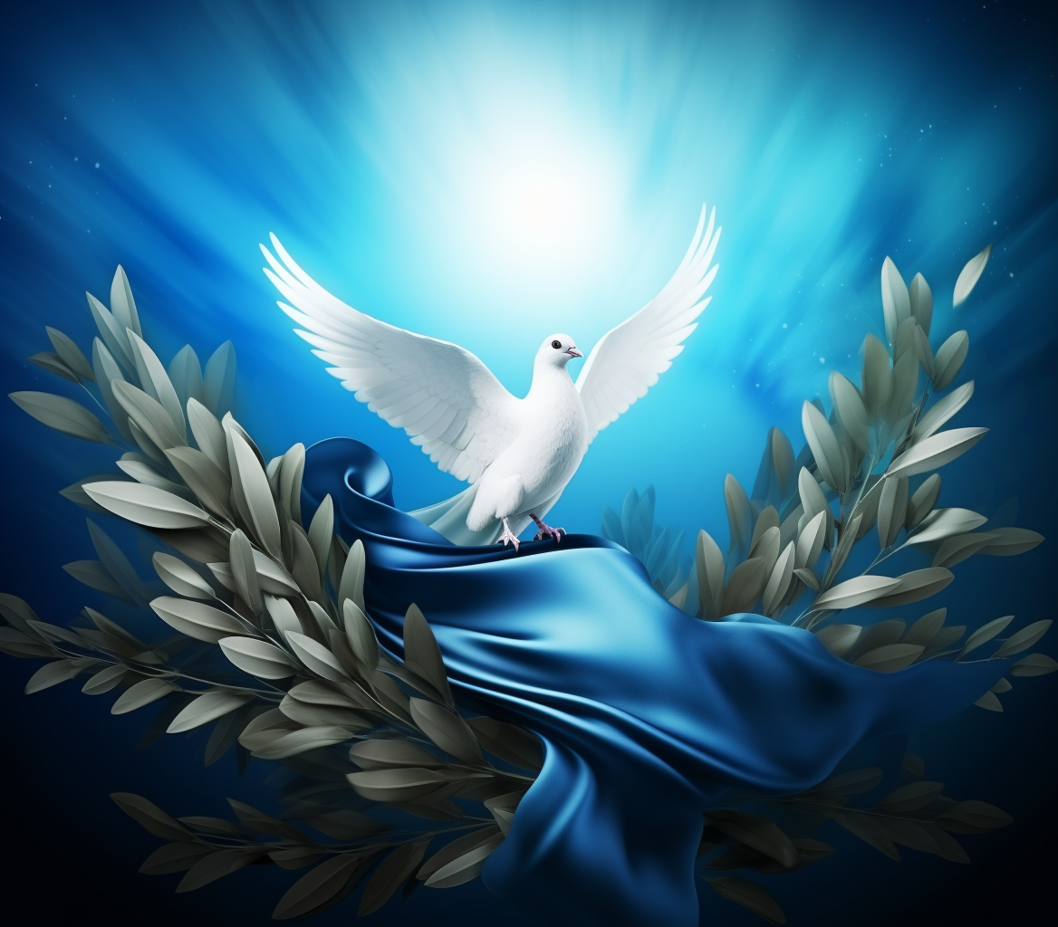 Israeli flag with satin texture and dove holding olive branch