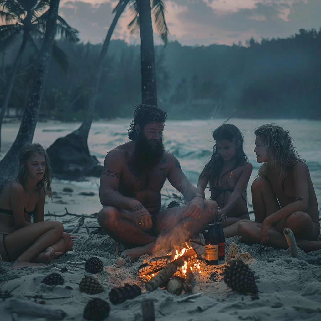 Bearded Israeli men beach campfire