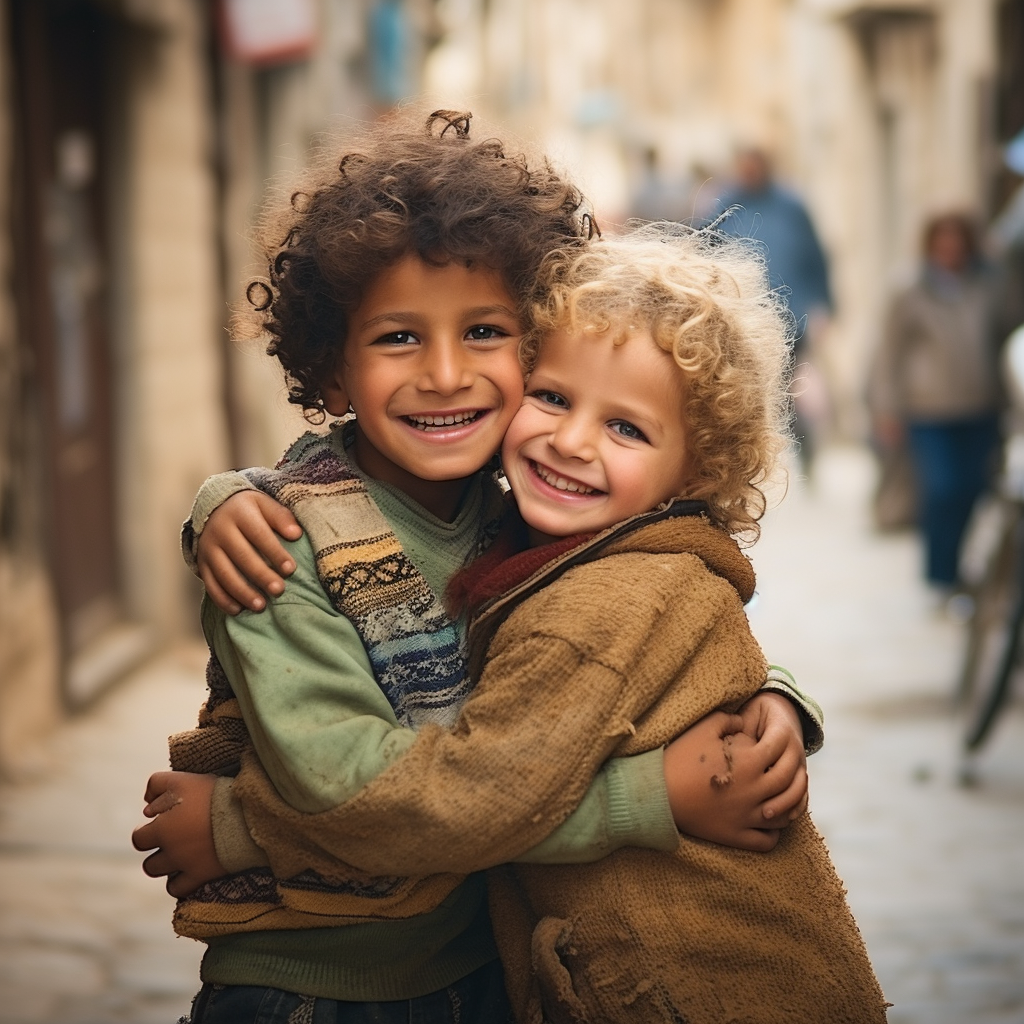 Two children from Israel and Palestine hugging