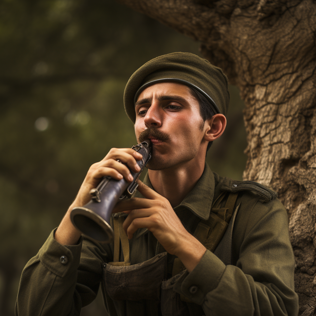 Israeli soldier blowing Jewish shofar in traditional attire