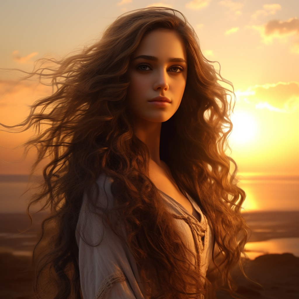 Israeli woman at sunrise with flowing hair