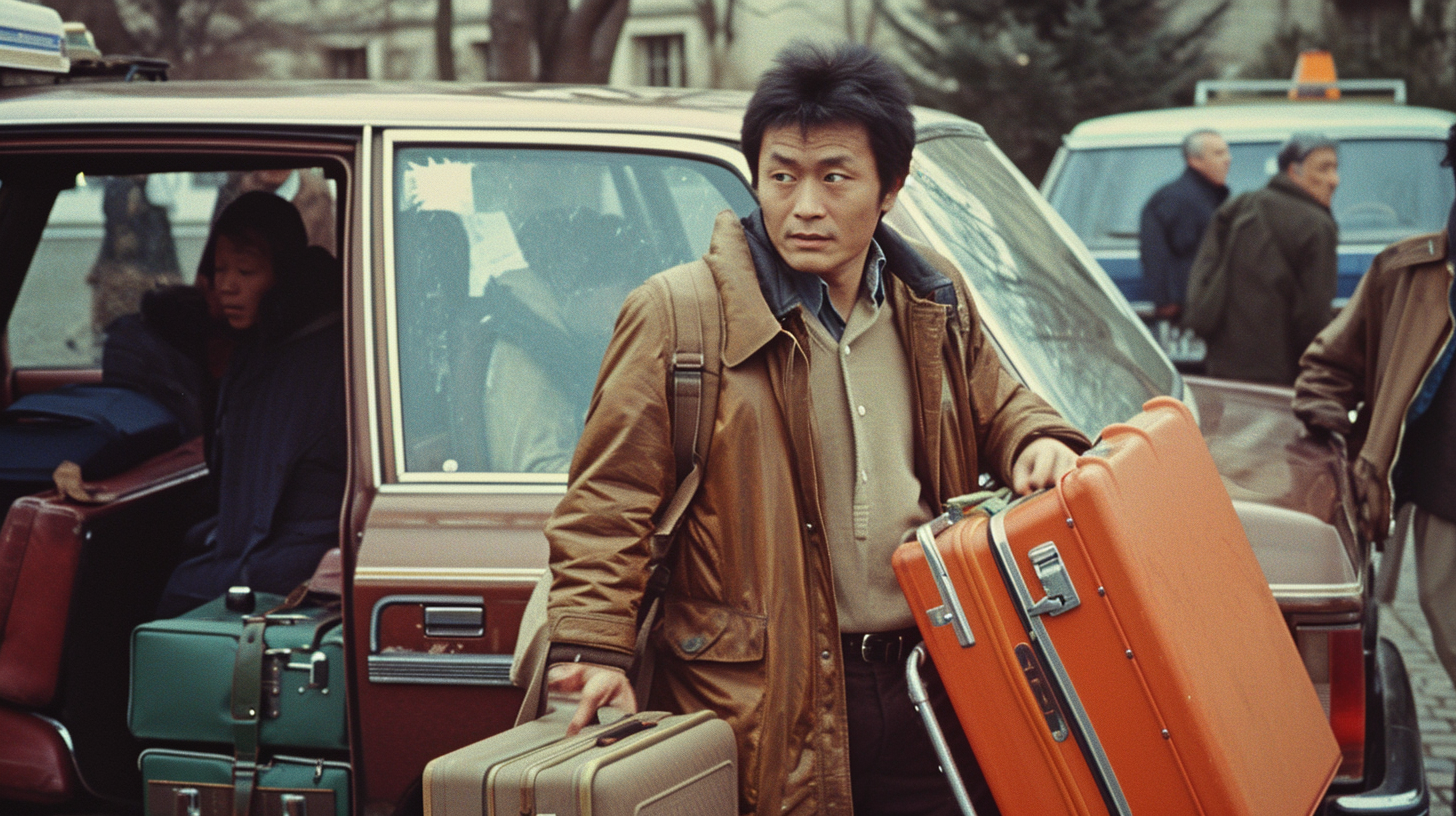 Issei Sagawa getting out of taxi with suitcases