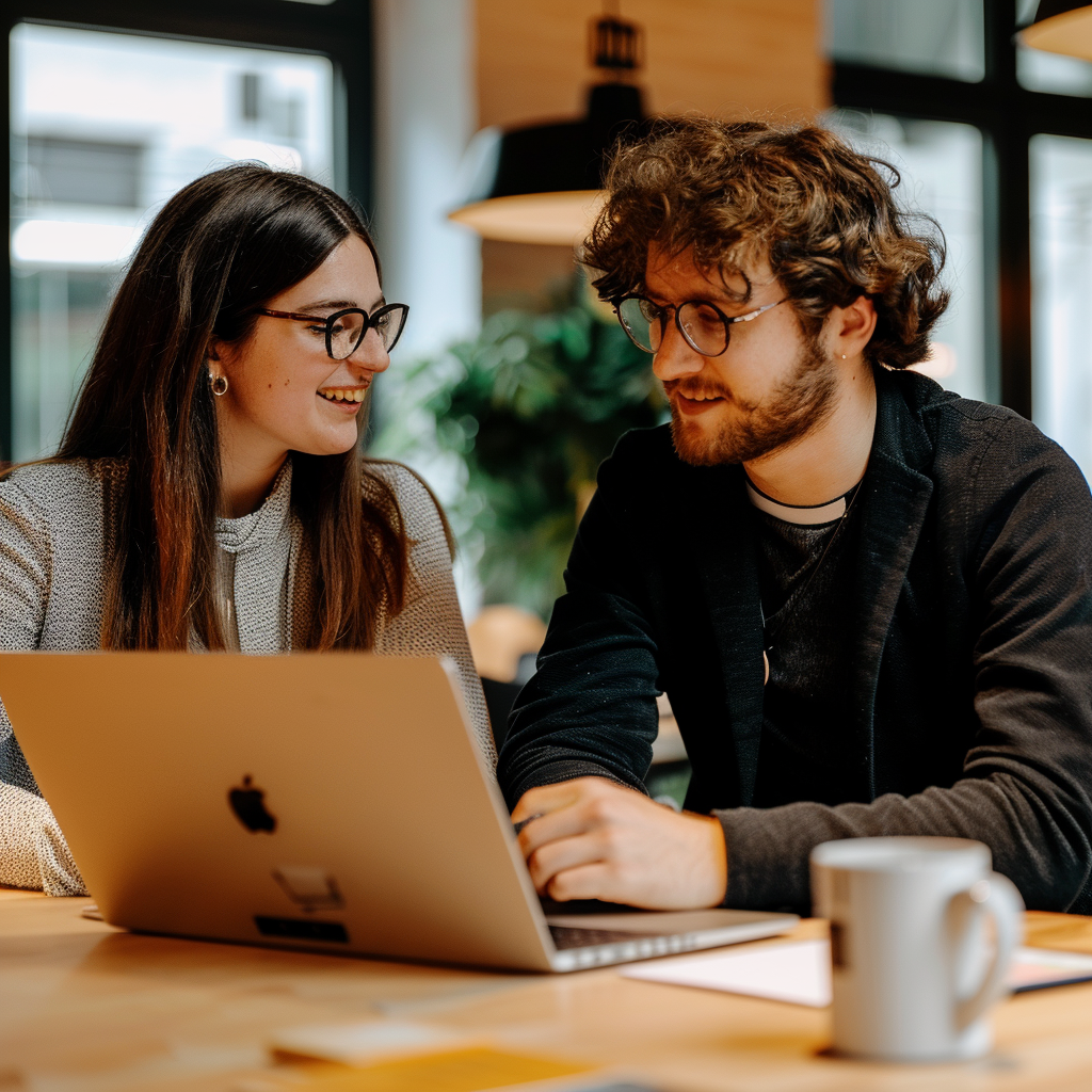 two people working together table