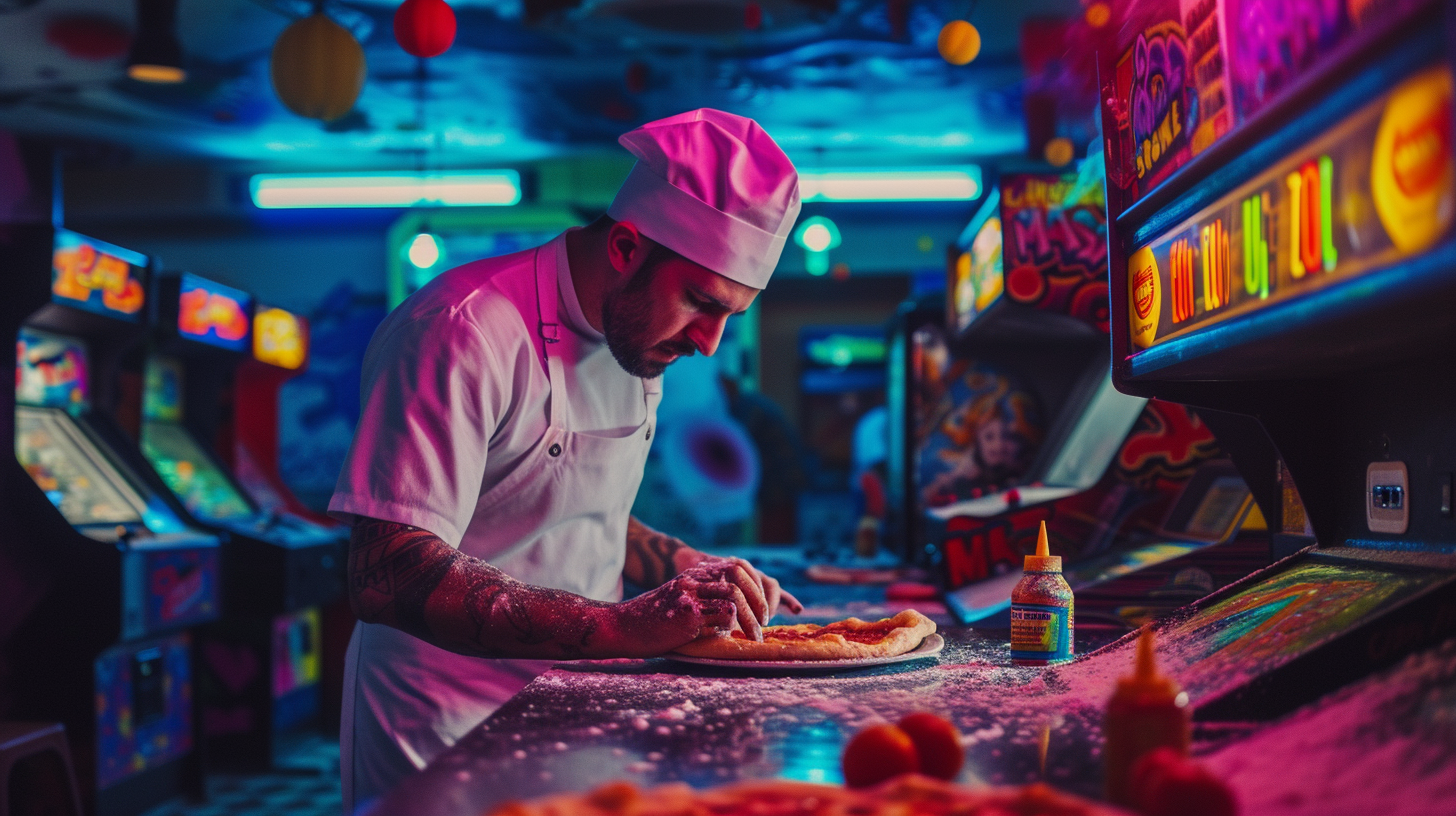 Italian chef making pizza in psychedelic arcade