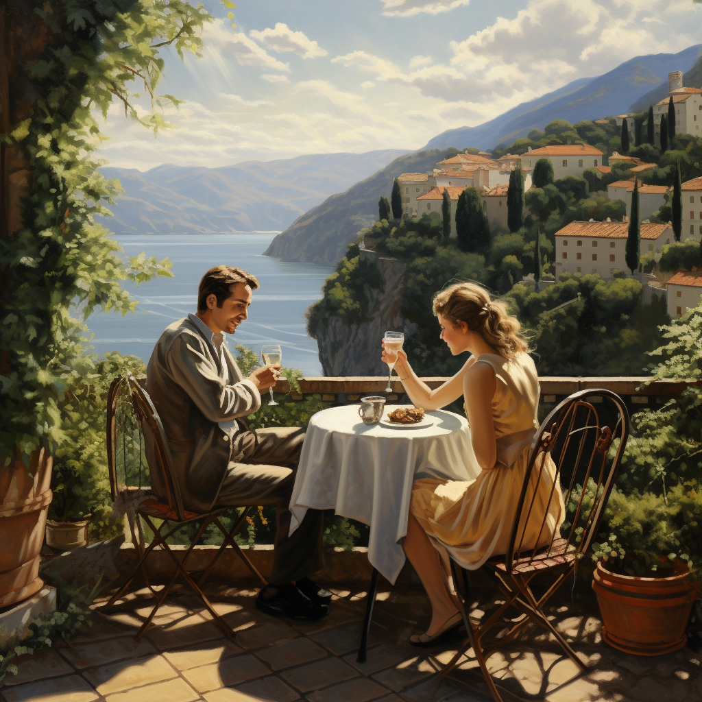 Beautiful Italian couple savoring coffee on terrace