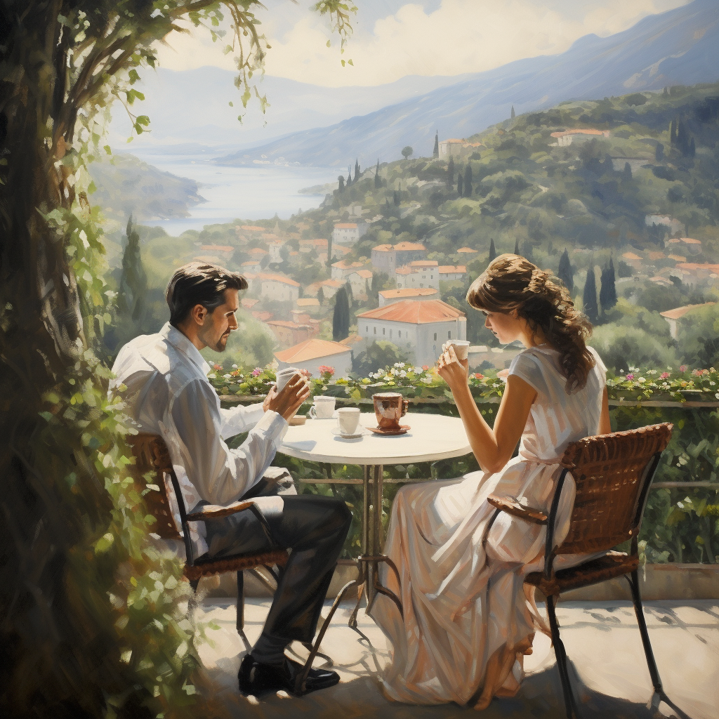 Italian couple savoring coffee on terrace