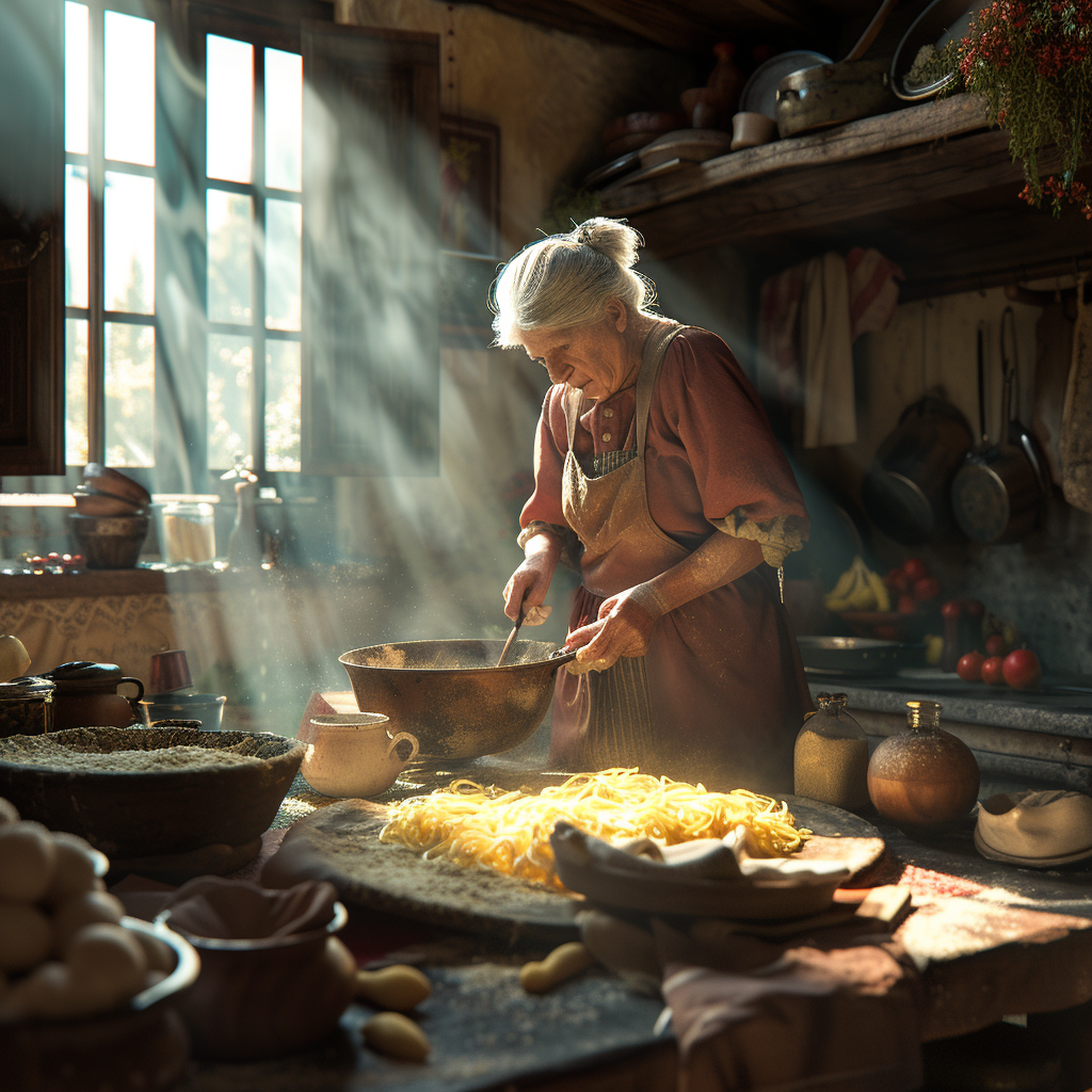 Italian grandmother making pasta rustic kitchen